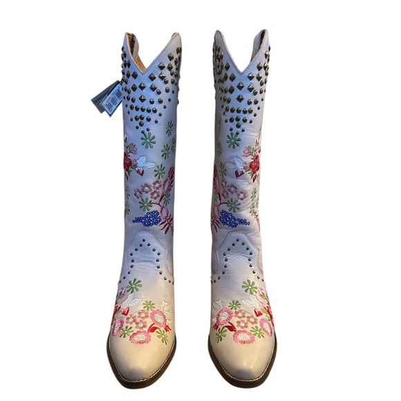 Dingo Size 11 M White Poppy Floral Embroidery Studded Women’s Cowboy Boots - Picture 8 of 16